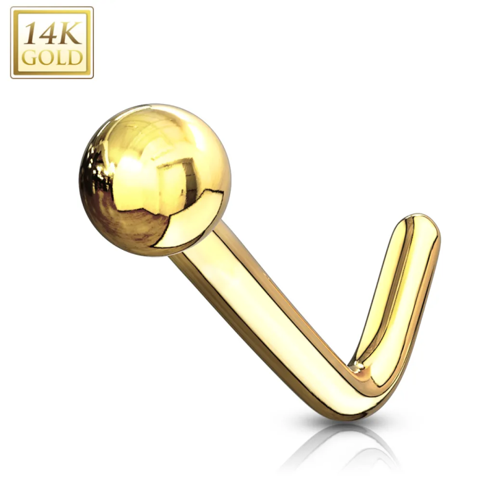 Piercing nez or jaune 14 carats boule tige en L
