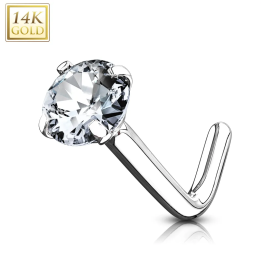 Piercing nez Or blanc 14 carats strass blanc tige en L
