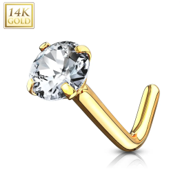Piercing nez or jaune 14 carats strass tige en L