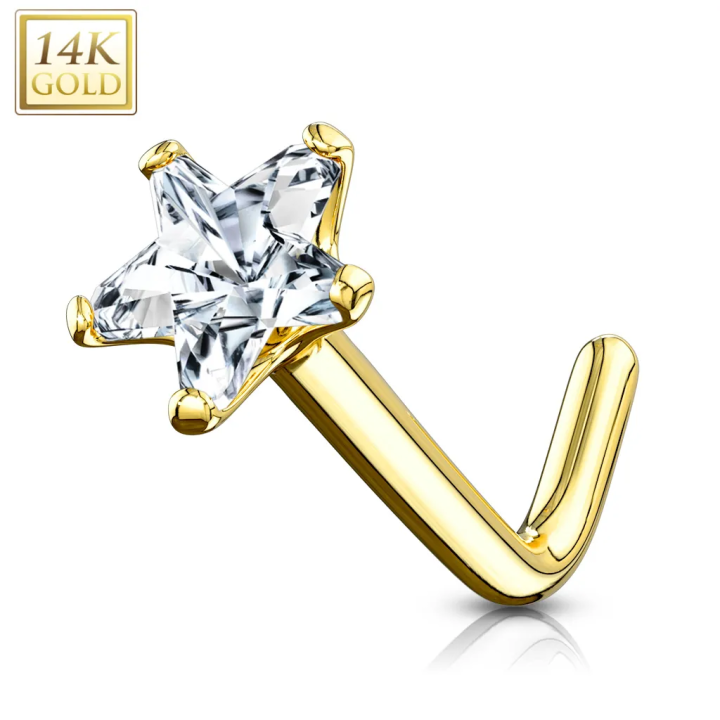 Piercing nez Or jaune 14 carats étoile tige en L