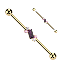 Piercing industriel zircon baguette violet en acier chirurgical doré