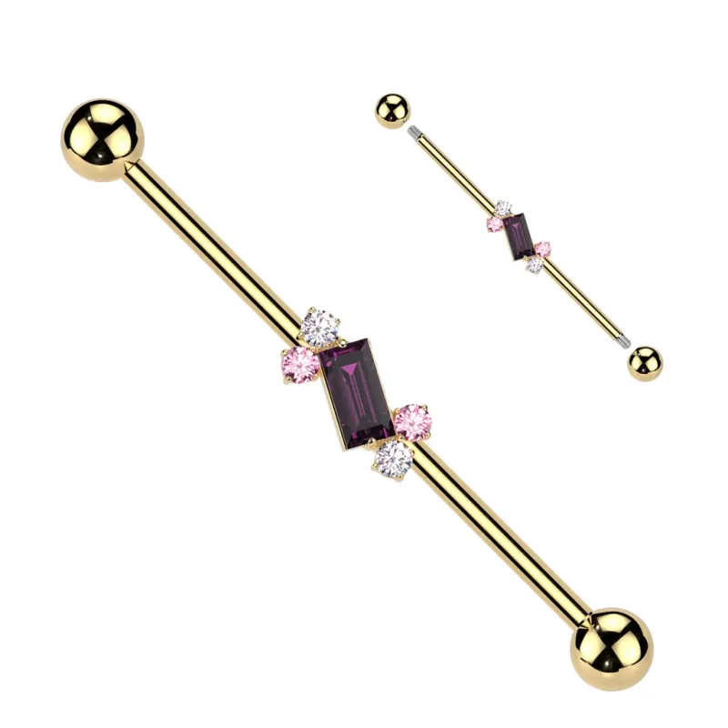 Piercing industriel zircon baguette violet en acier chirurgical doré