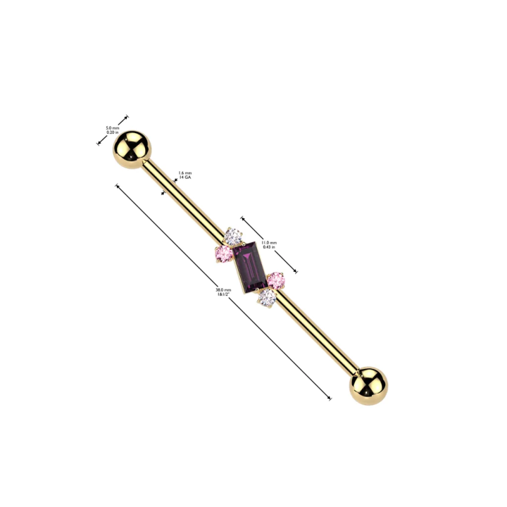 Piercing industriel zircon baguette violet en acier chirurgical doré