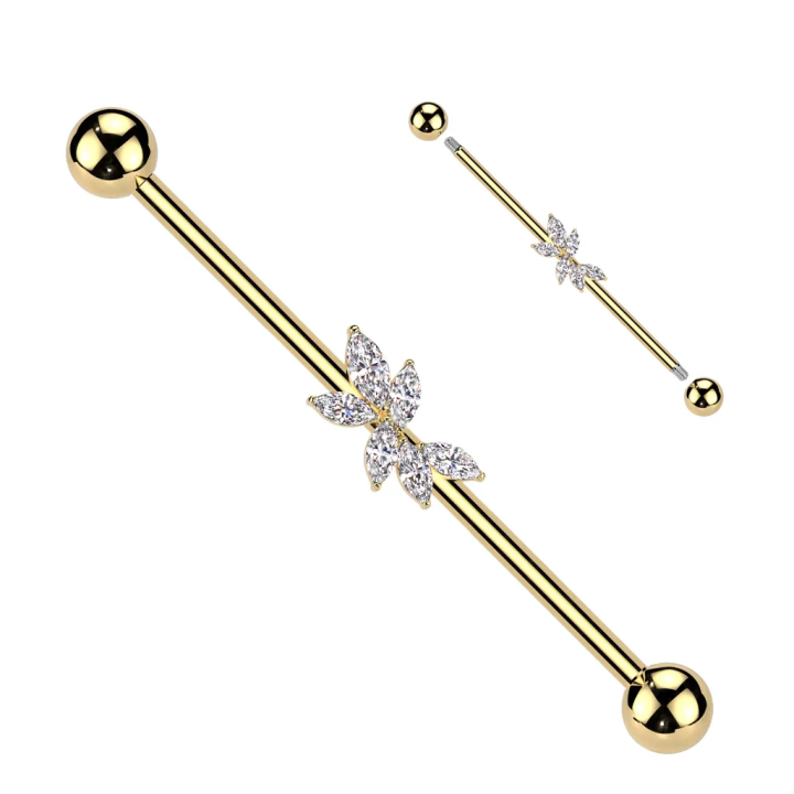 Piercing industriel zircon fleur de vigne en acier chirurgical doré