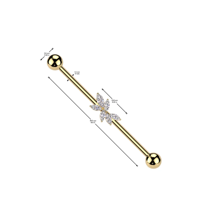 Piercing industriel zircon fleur de vigne en acier chirurgical doré