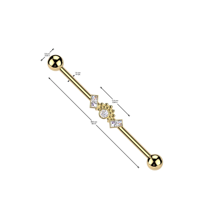 Piercing industriel zircon baguettes et cluster en acier chirurgical doré