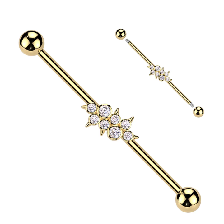 Piercing industriel zircons ronds avec spikes en acier chirurgical doré
