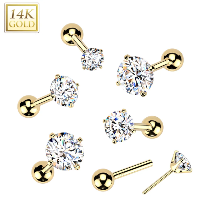 Piercing cartilage oreille or jaune 14K zircon rond