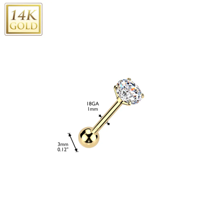 Piercing cartilage oreille or jaune 14K zircon rond