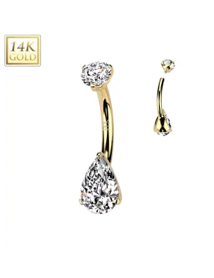 Piercing nombril en or jaune 14K à vissage interne pierre en larme