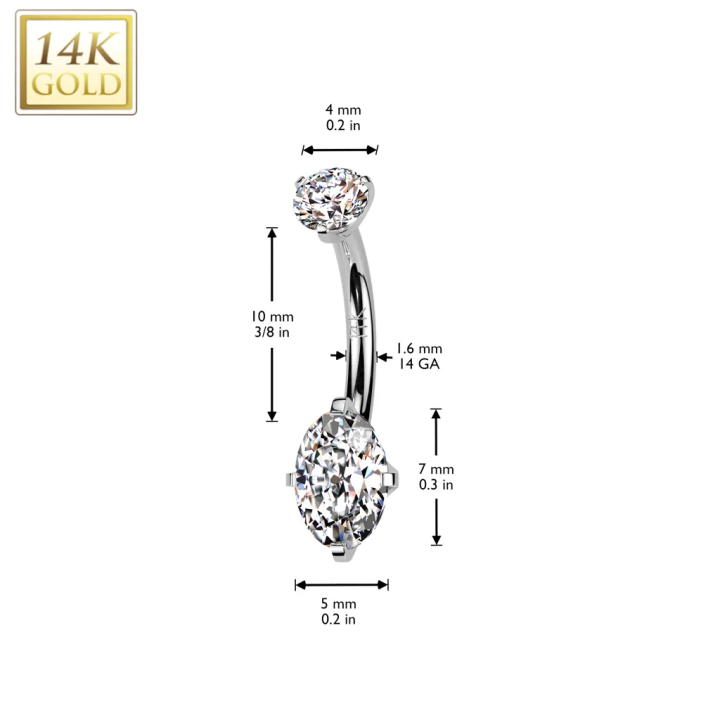 Piercing nombril en or blanc 14K à vissage interne pierre en marquise