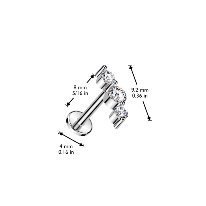 Piercing oreille en acier embout push-in triple strass