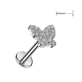 Piercing oreille en acier embout push-in papillon serti de strass