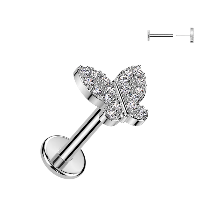 Piercing oreille en acier embout push-in papillon serti de strass