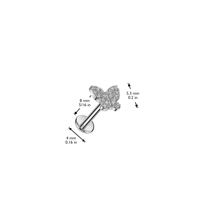 Piercing oreille en acier embout push-in papillon serti de strass
