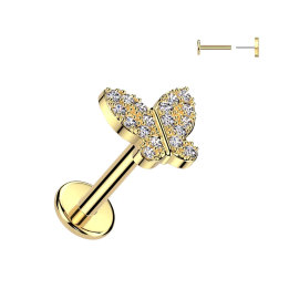 Piercing oreille en acier doré embout push-in papillon serti de strass