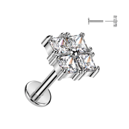 Piercing oreille en acier embout push-in 4 strass carrés