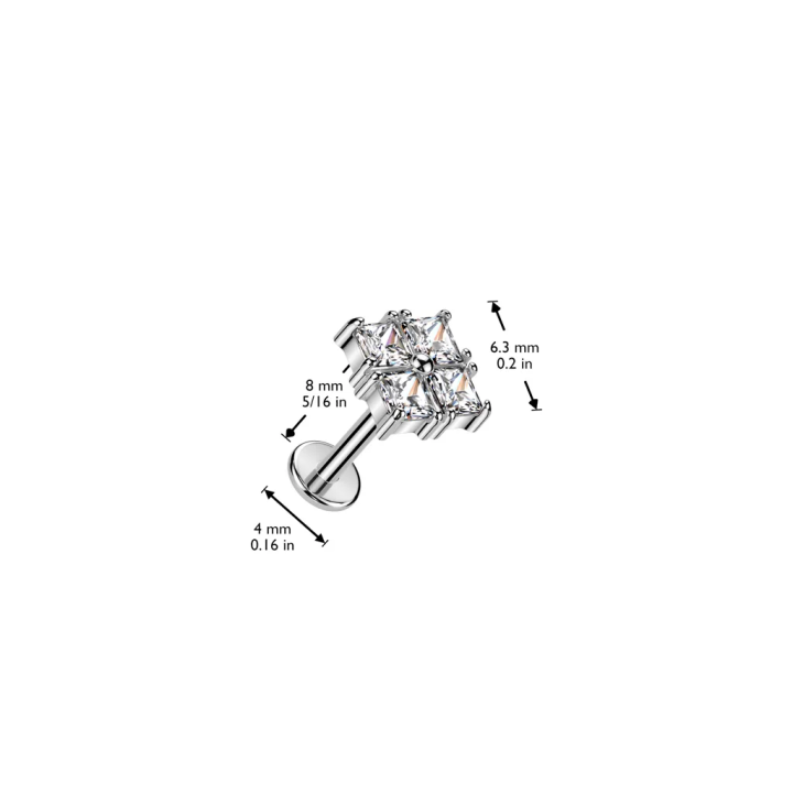 Piercing oreille en acier embout push-in 4 strass carrés