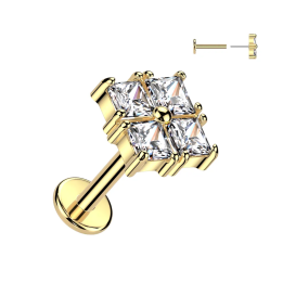 Piercing oreille en acier doré embout push-in 4 strass carrés