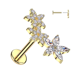 Piercing oreille en acier doré embout push-in triple fleur