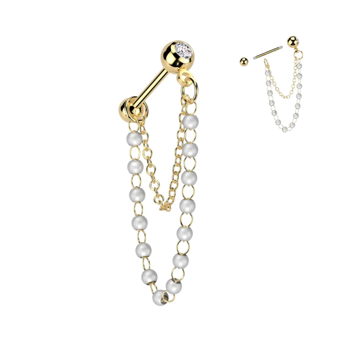 Piercing cartilage oreille acier doré chaines perles