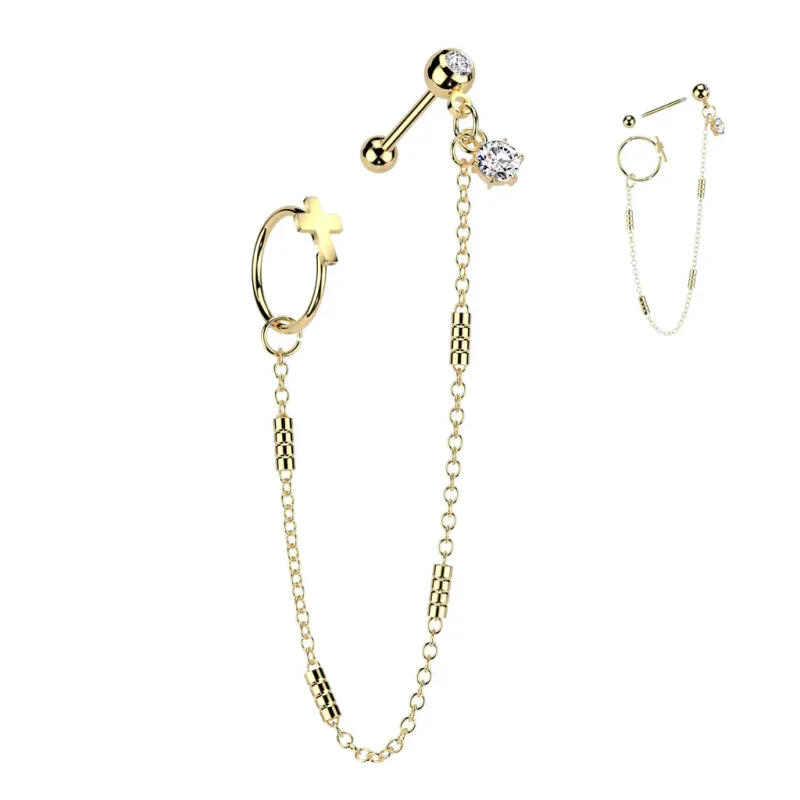 Double piercing cartilage oreille acier doré chaine et anneau croix