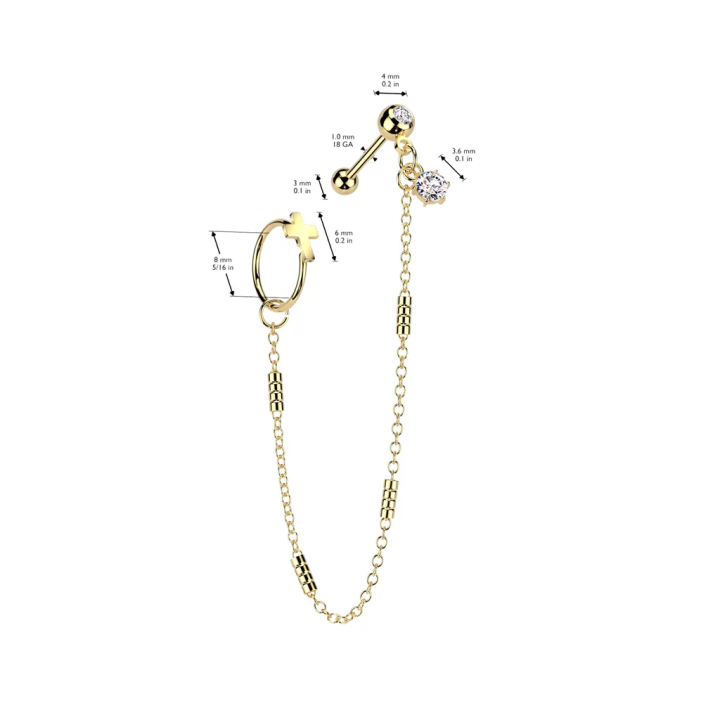 Double piercing cartilage oreille acier doré chaine et anneau croix