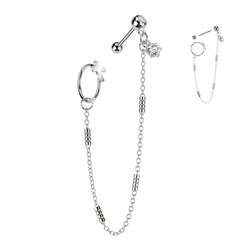 Double piercing cartilage oreille acier chaine et anneau croix