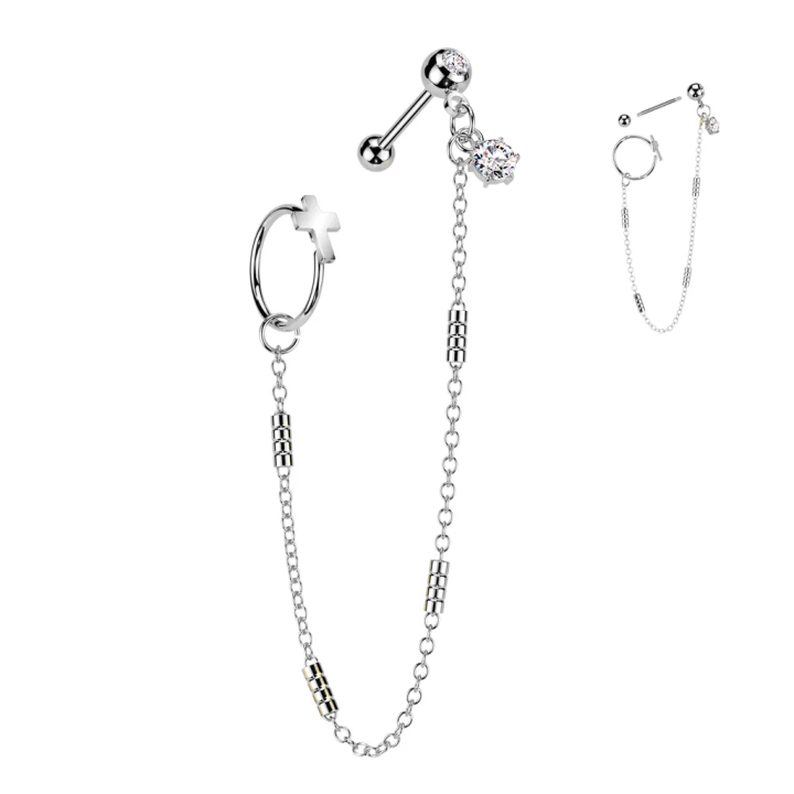 Double piercing cartilage oreille acier chaine et anneau croix
