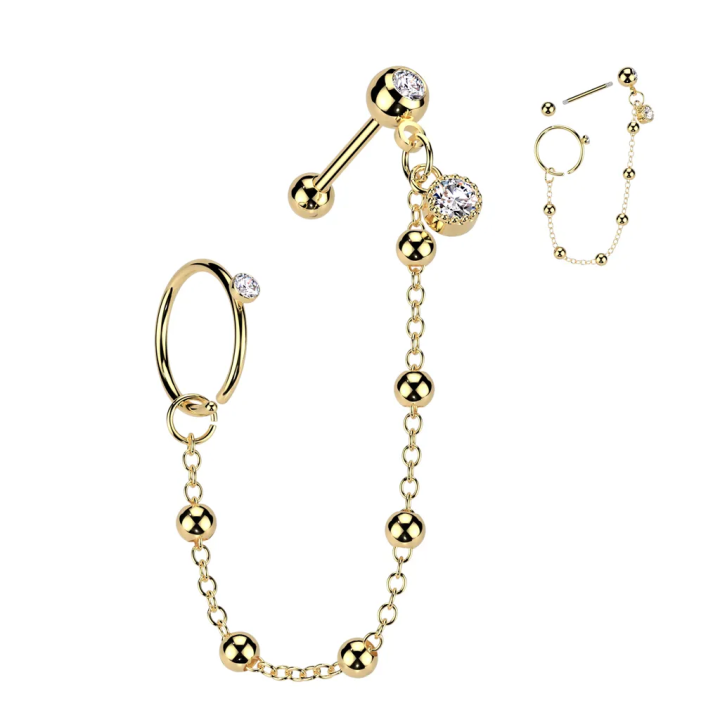 Double piercing cartilage oreille acier doré chaine et anneau billes