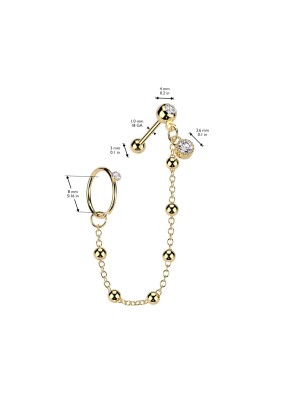 Double piercing cartilage oreille acier doré chaine et anneau billes