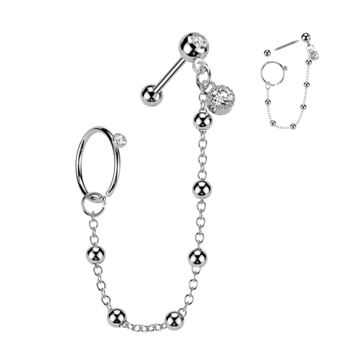 Double piercing cartilage oreille acier chaine et anneau billes