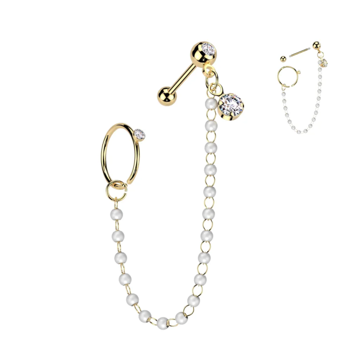 Double piercing cartilage oreille acier doré chaine et anneau perles