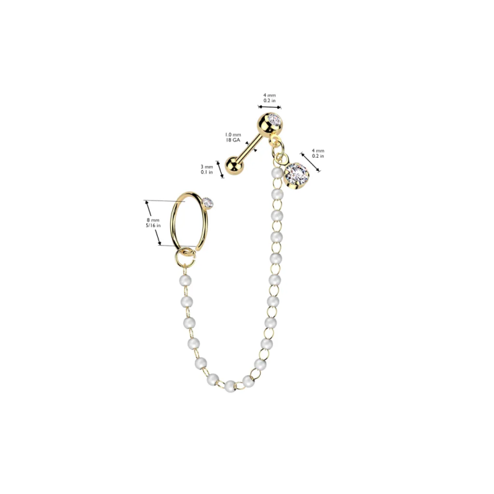 Double piercing cartilage oreille acier doré chaine et anneau perles