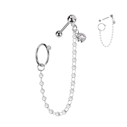 Double piercing cartilage oreille acier chaine et anneau perles