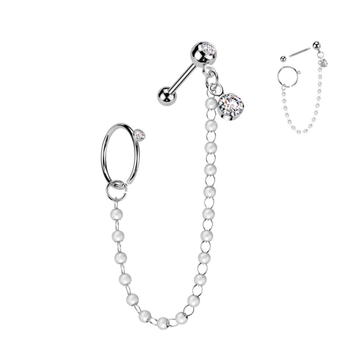 Double piercing cartilage oreille acier chaine et anneau perles