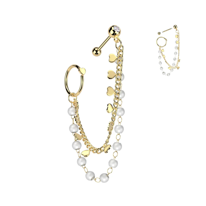 Double piercing cartilage oreille acier doré chaine et anneau perles cœurs