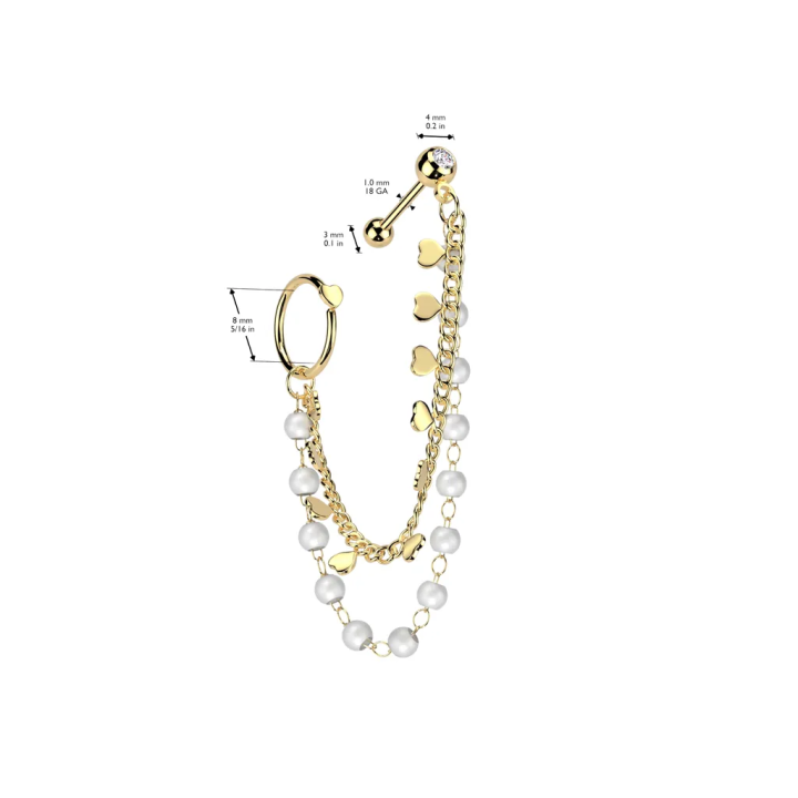 Double piercing cartilage oreille acier doré chaine et anneau perles cœurs