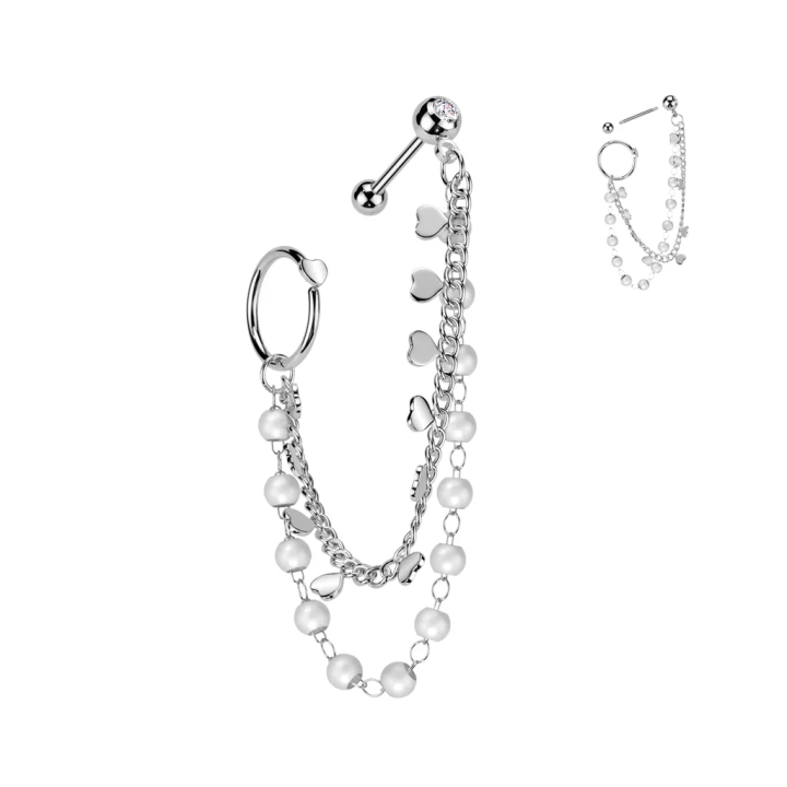 Double piercing cartilage oreille acier chaine et anneau perles cœurs