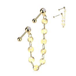Double piercing cartilage oreille acier doré chaine avec disques et barbells