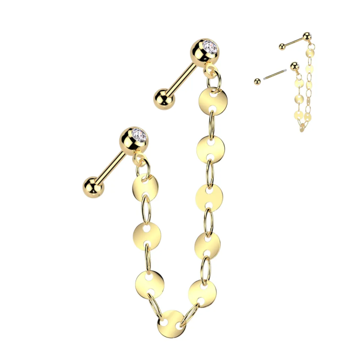 Double piercing cartilage oreille acier doré chaine avec disques et barbells