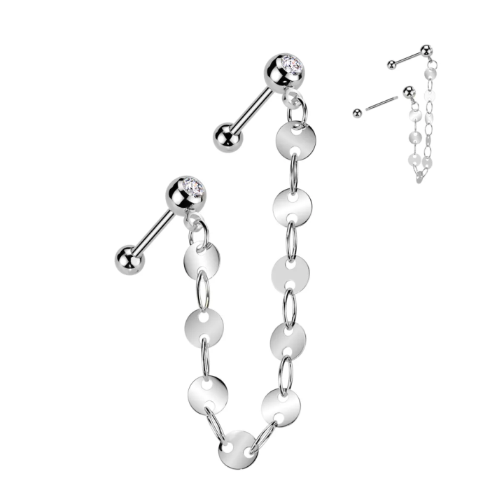 Double piercing cartilage oreille acier chaine avec disques et barbells