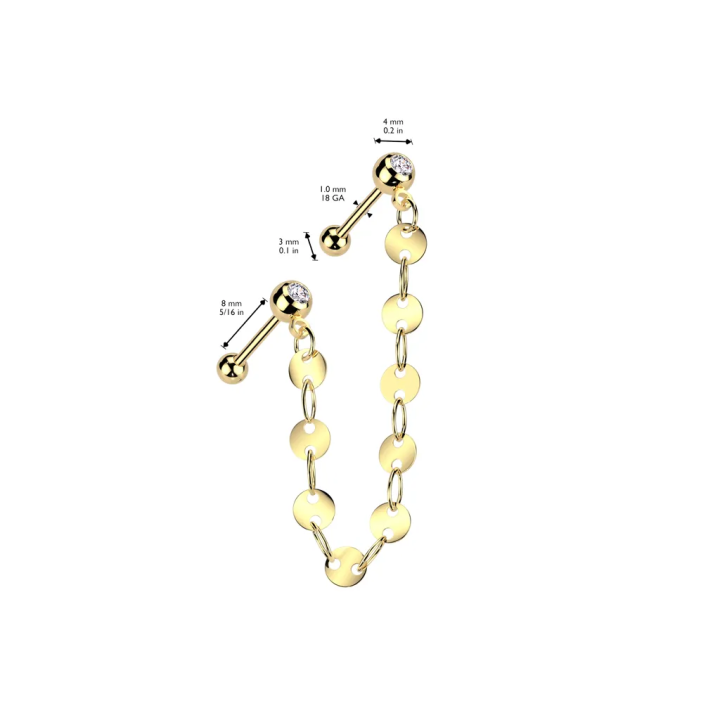 Double piercing cartilage oreille acier doré chaine avec disques et barbells