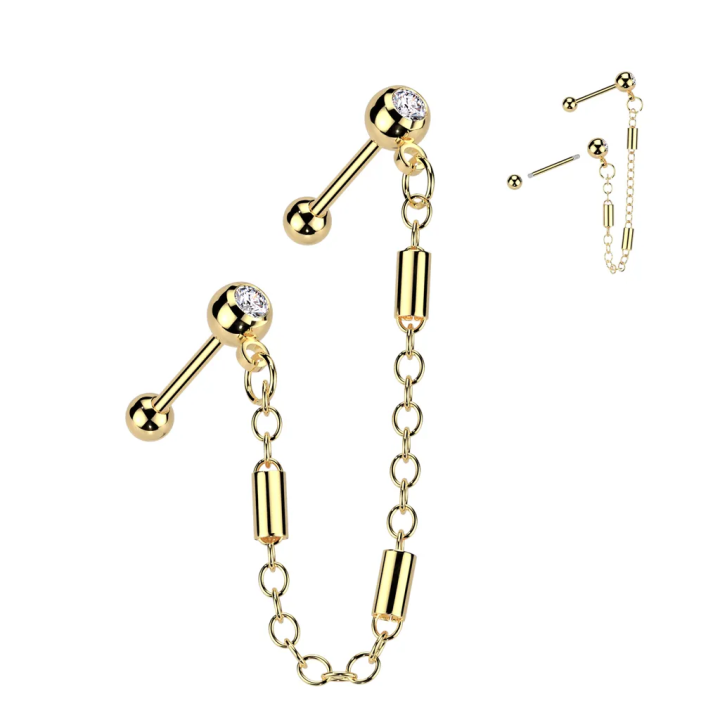 Double piercing cartilage oreille acier doré chaine avec cylindres et barbells