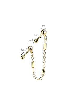 Double piercing cartilage oreille acier doré chaine avec cylindres et barbells