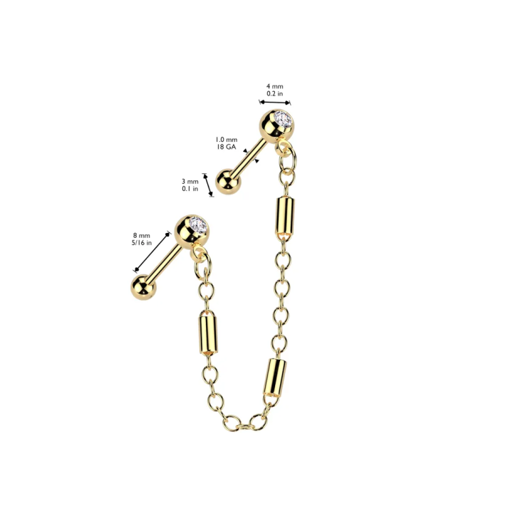 Double piercing cartilage oreille acier doré chaine avec cylindres et barbells