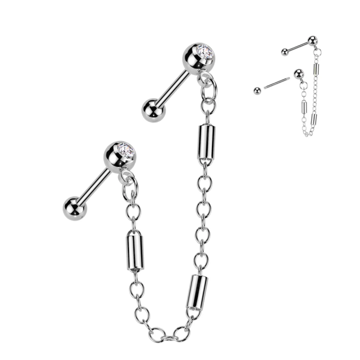 Double piercing cartilage oreille acier chaine avec cylindres et barbells