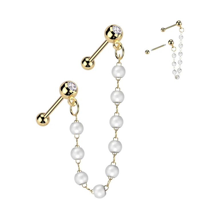 Double piercing cartilage oreille acier doré chaine avec perles