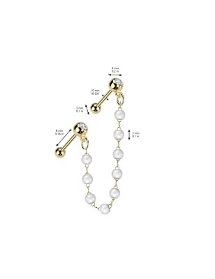 Double piercing cartilage oreille acier doré chaine avec perles