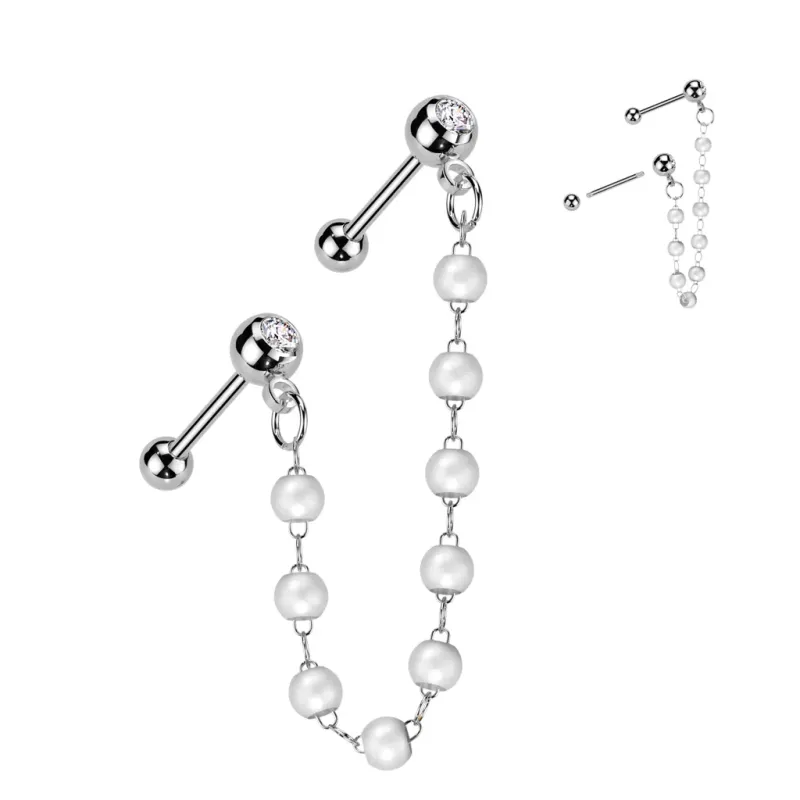 Double piercing cartilage oreille acier chaine avec perles